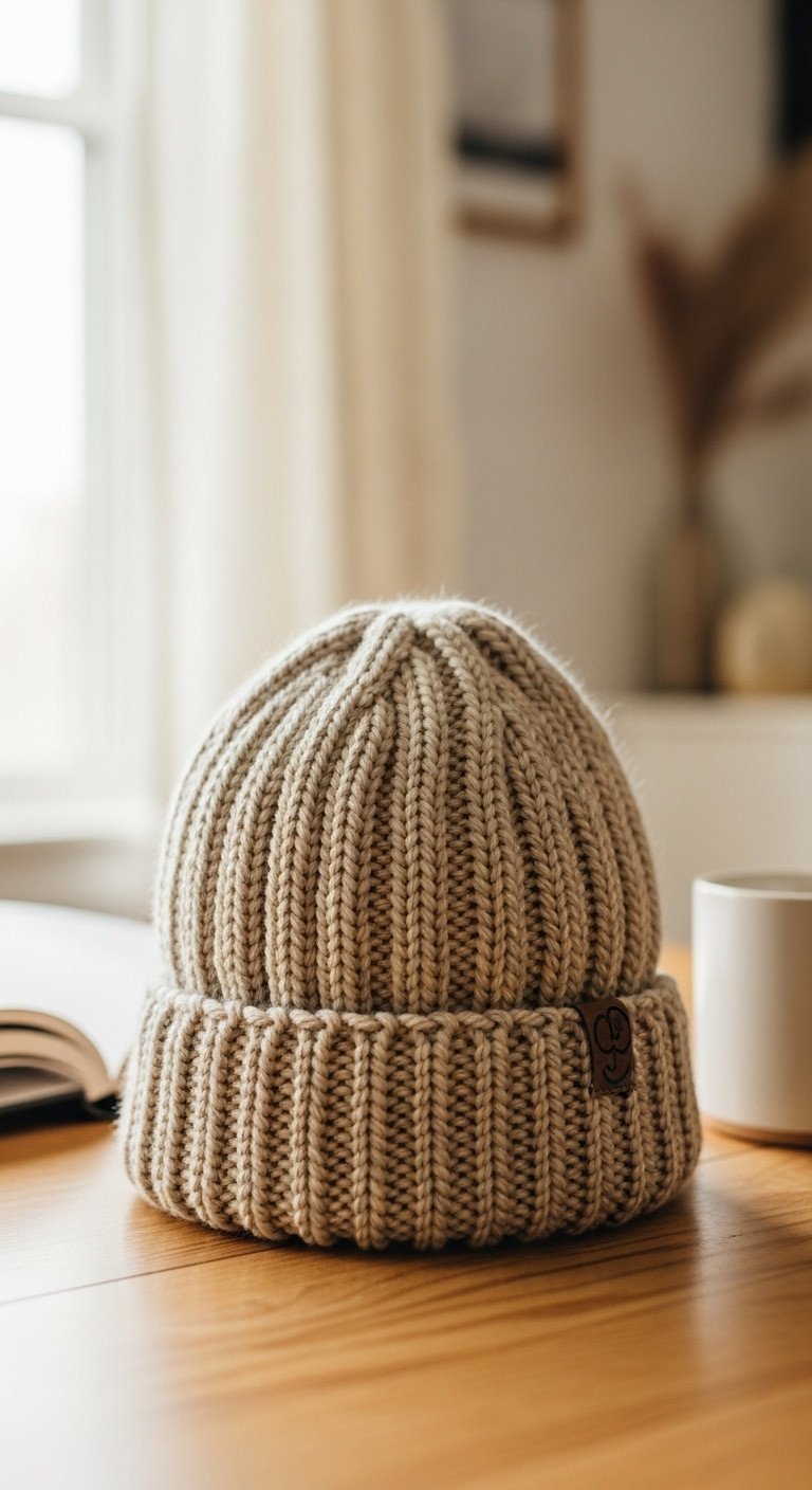 A cozy, hand-knit chunky beanie in oatmeal merino wool with a ribbed brim, folded neatly on a rustic wooden table.