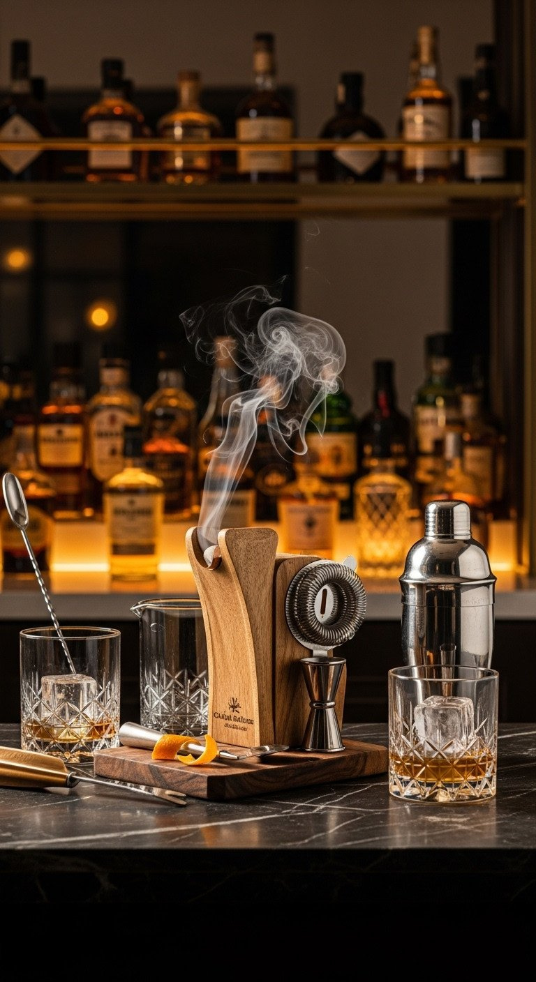 A craft cocktail making kit with a wooden smoker and bar tools arranged on a marble bar cart with a finished drink.