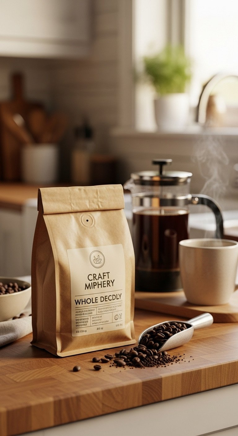 A craft paper bag of whole coffee beans on a butcher block counter with a scoop of beans and a steaming mug in the back.