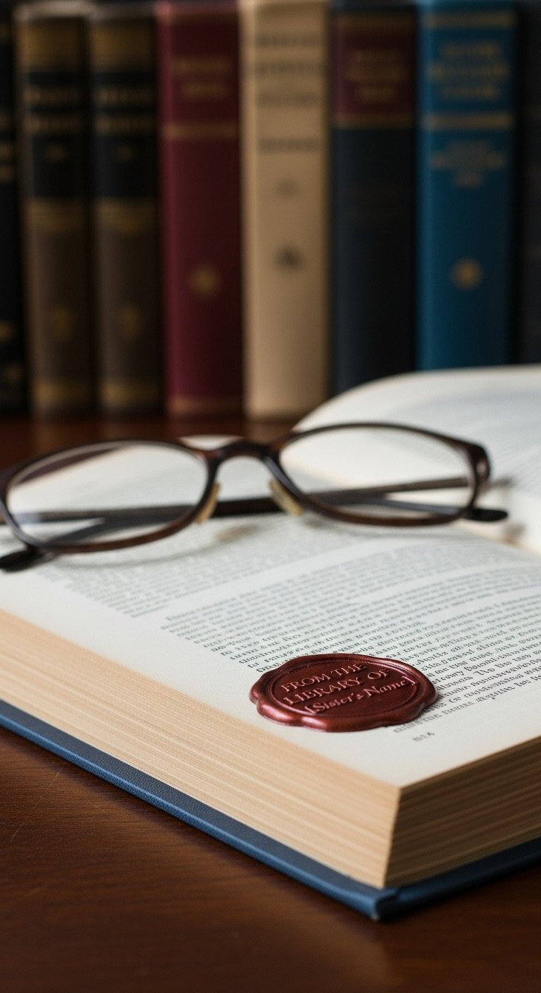 A custom "From the Library of" embosser seal stamped on the first page of a book, styled with a dark academia aesthetic.