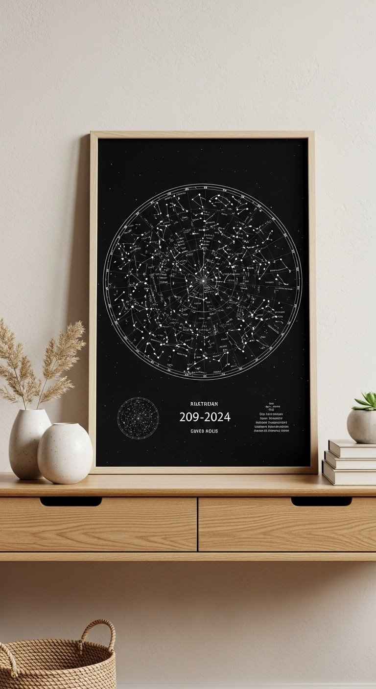 A custom framed night sky star map leaning on a light oak console table, styled with books and a small succulent.