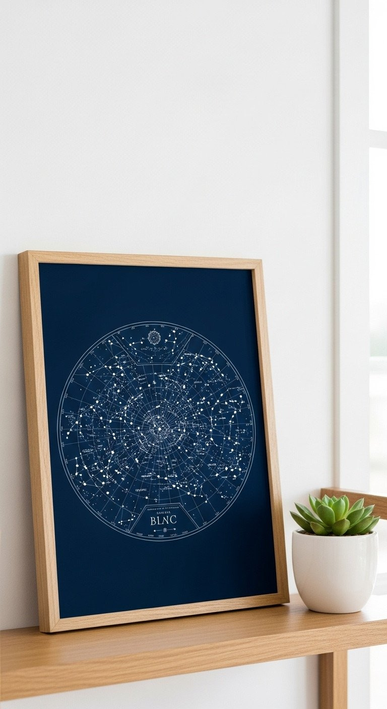A custom navy blue star map print in a light oak frame, leaning on a shelf next to a small succulent in a white pot.