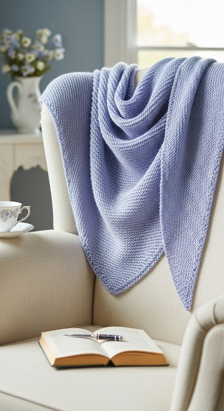 A delicate hand-knit triangle shawl in soft lavender merino silk yarn with a picot edge, draped over a vintage armchair.