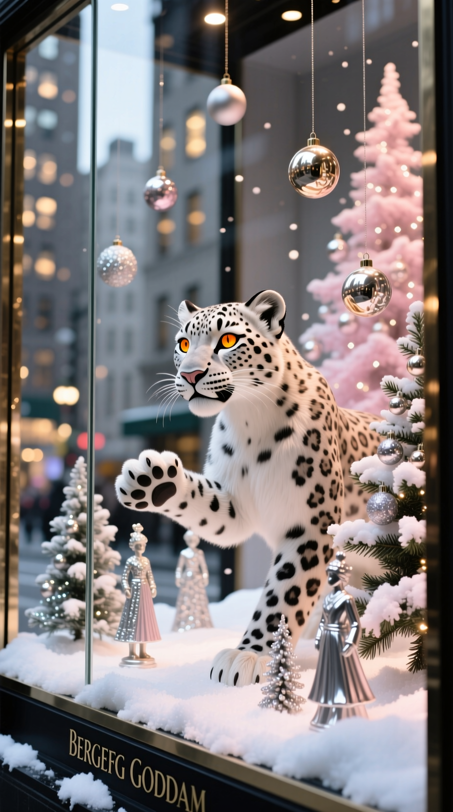 A festive Christmas cocktail on a table in a pop-up bar with a bokeh background of thousands of colorful holiday lights.