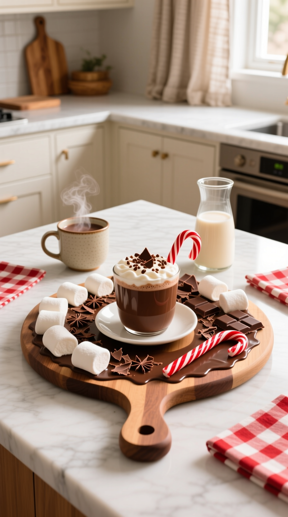 A festive hot chocolate board on a marble countertop with marshmallows, chocolate shavings, and candy canes for toppings.