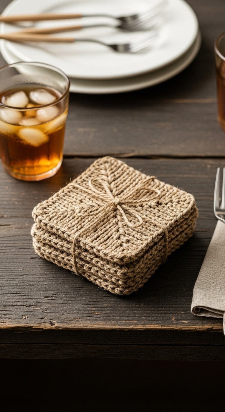 A flat lay of four rustic hand-knit garter stitch coasters in natural jute-colored cotton, stacked on a wood table.