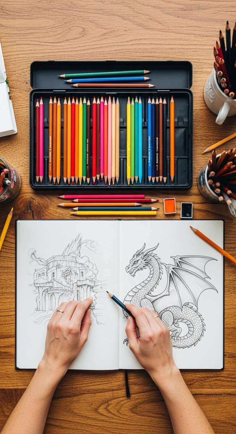 A flat lay of professional colored pencils and a sketchbook with a detailed dragon drawing on a rustic wooden desk.