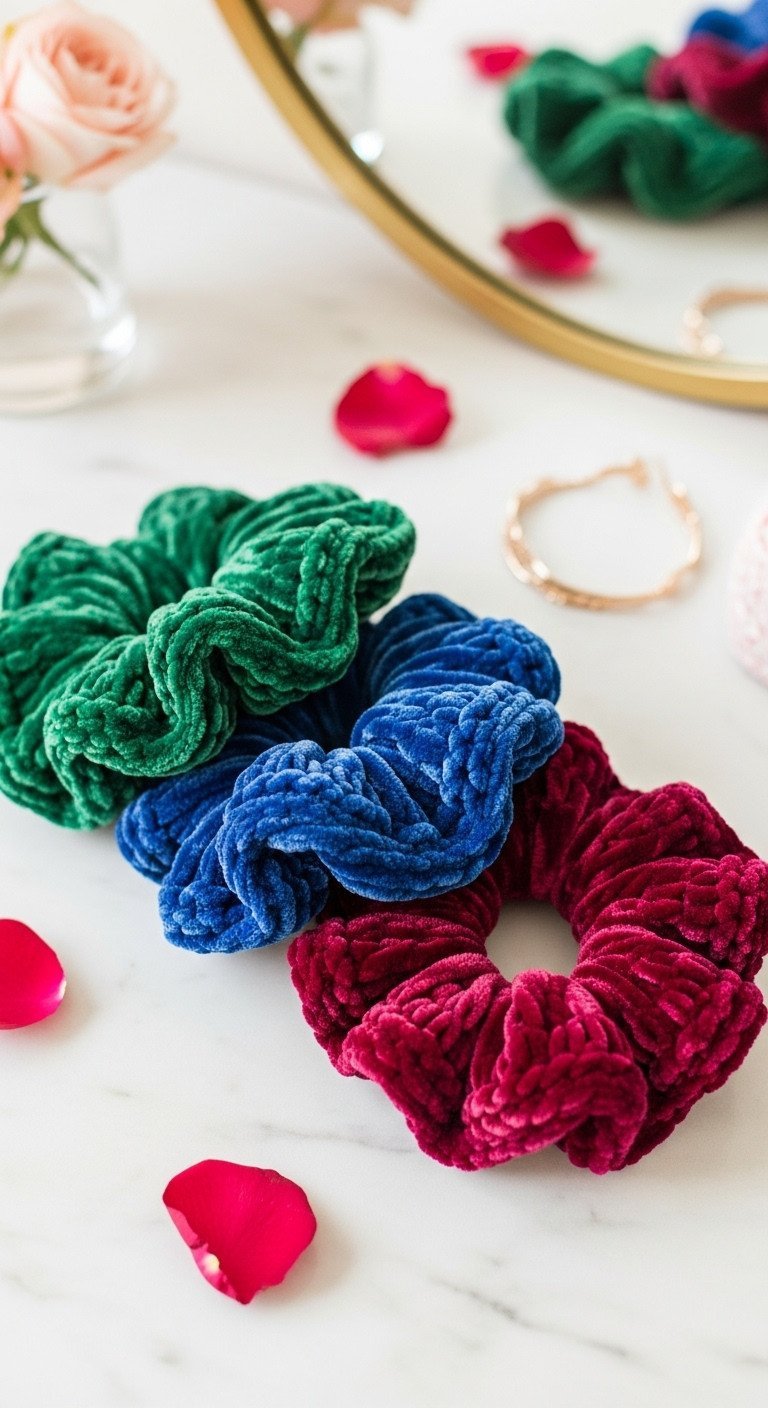 A flat lay of three hand-knit velvet scrunchies in emerald, sapphire, and burgundy jewel tones on a marble surface.