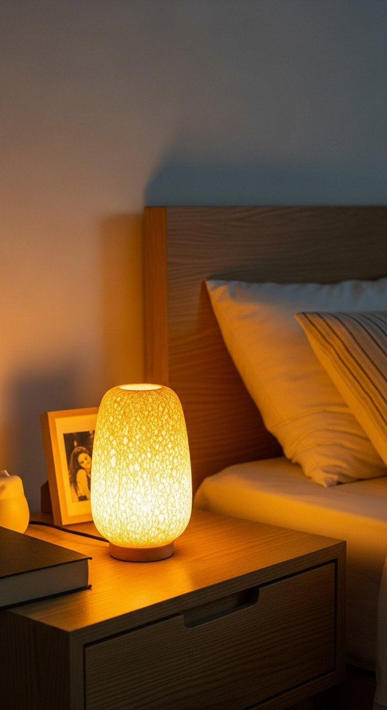 A friendship lamp glowing with warm yellow light on a wooden nightstand in a cozy bedroom, a unique long-distance gift.