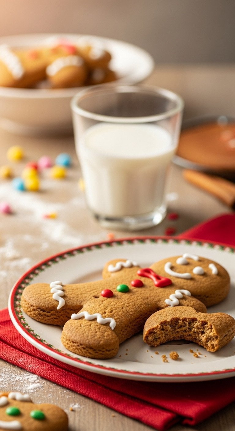 A funny gingerbread man cookie with a bite taken from his leg lies on a festive plate next to a glass of milk.