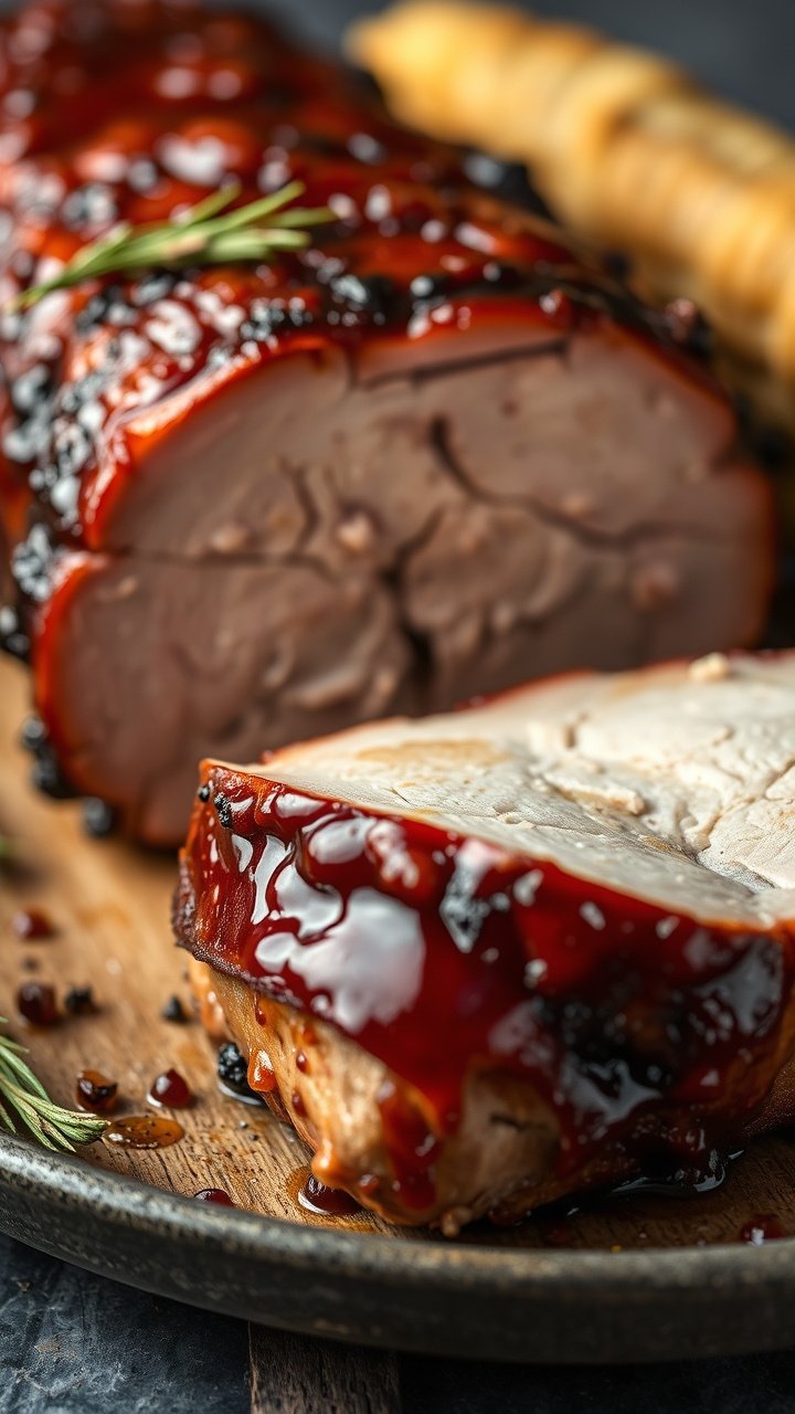 A golden-brown scone with thick clotted cream and glistening red Christmas jam. Eye-level shot for a cozy recipe photo.