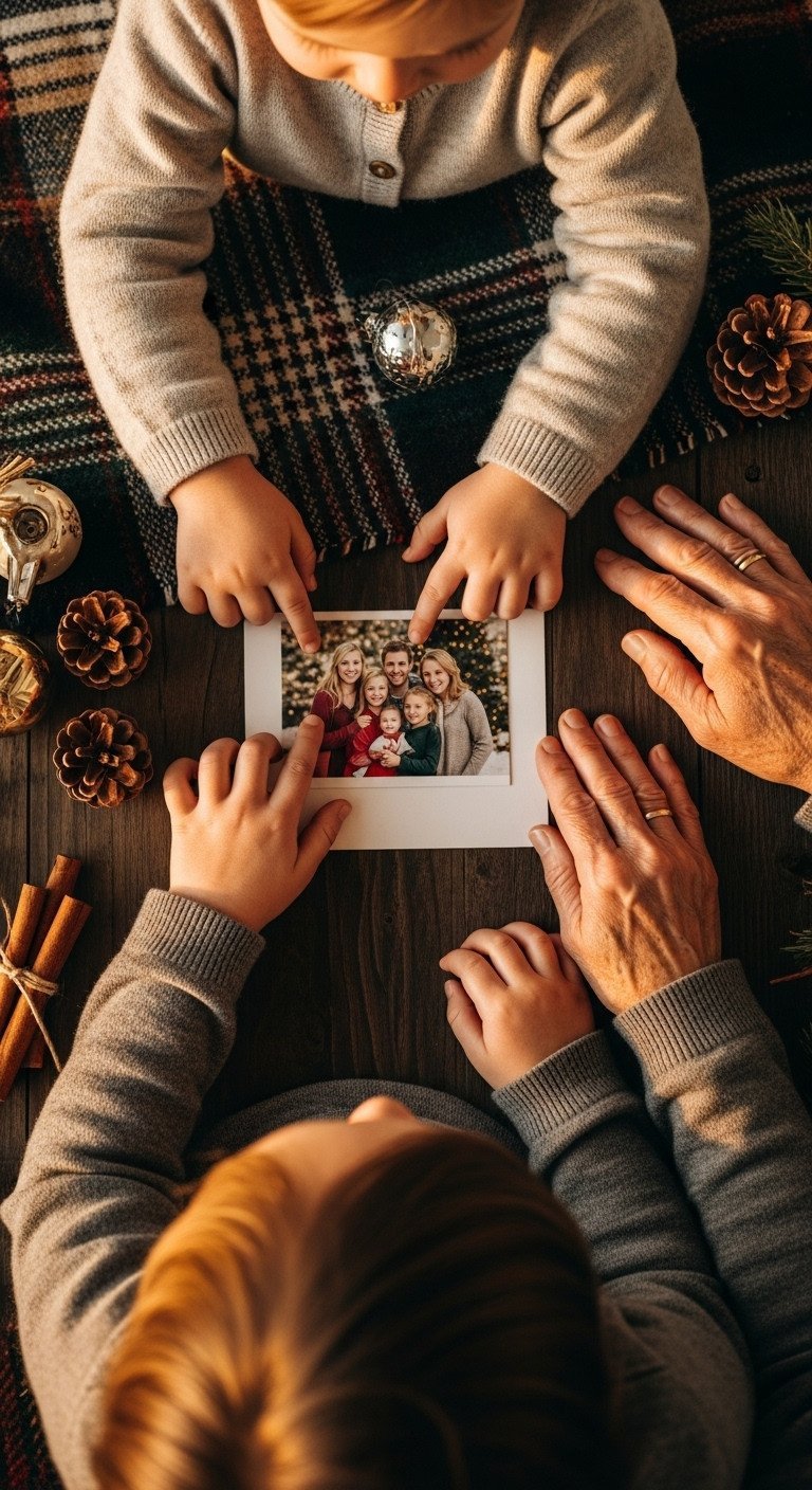 A grandchild's hand points to a family photo in a Christmas card as a grandparent's hand rests gently on top of it.