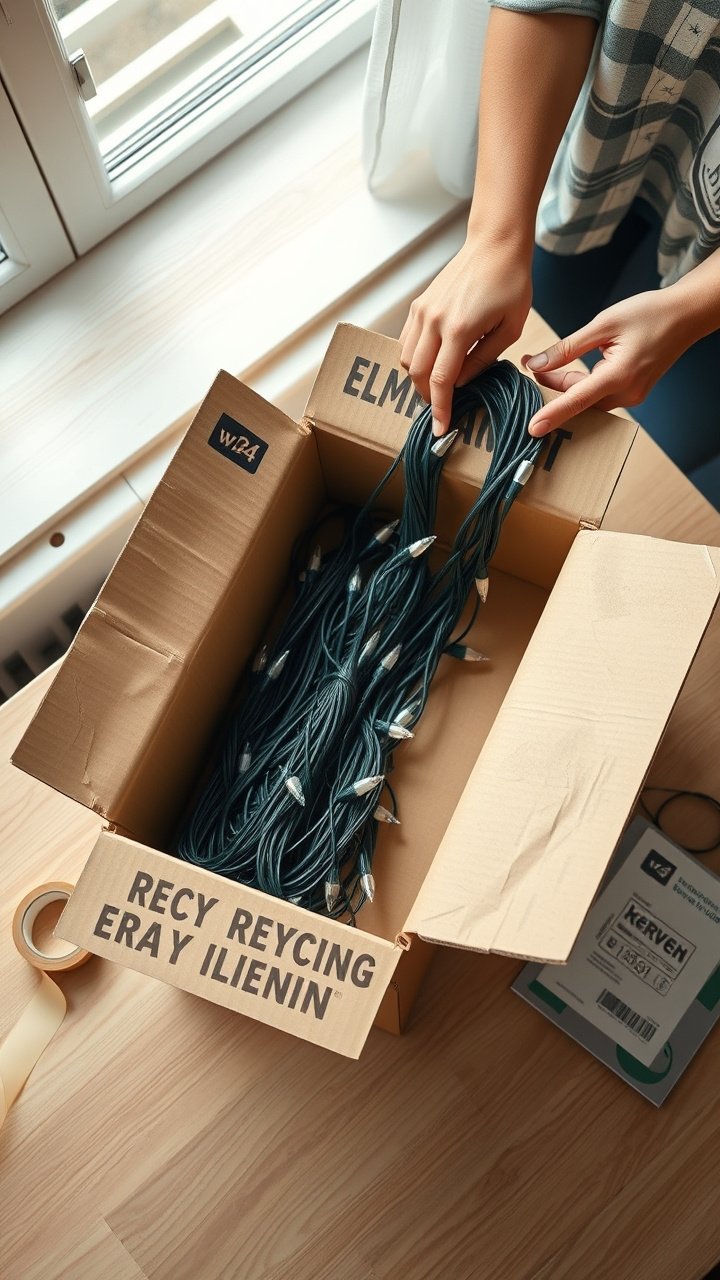 A hand drops a neatly coiled string of old Christmas lights into a large recycling collection bin inside a hardware store.