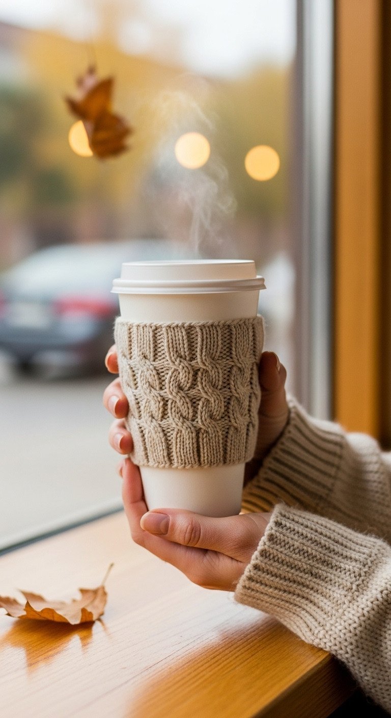 A hand-knit coffee cup sleeve with a cable pattern in beige cotton on a white takeaway cup held in a cozy coffee shop.