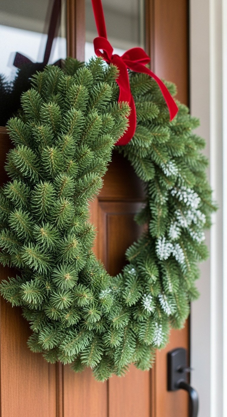 A handmade Balsam Fir Christmas wreath with a red velvet ribbon and faux snow hanging on a dark rustic wooden front door.