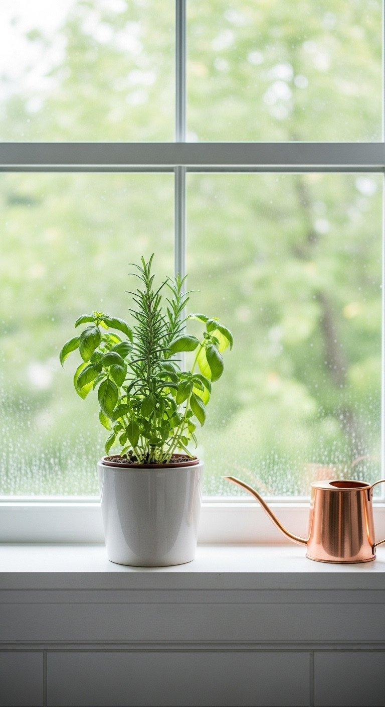 A healthy potted rosemary plant in a white ceramic pot sits on a bright kitchen windowsill next to a copper watering can.