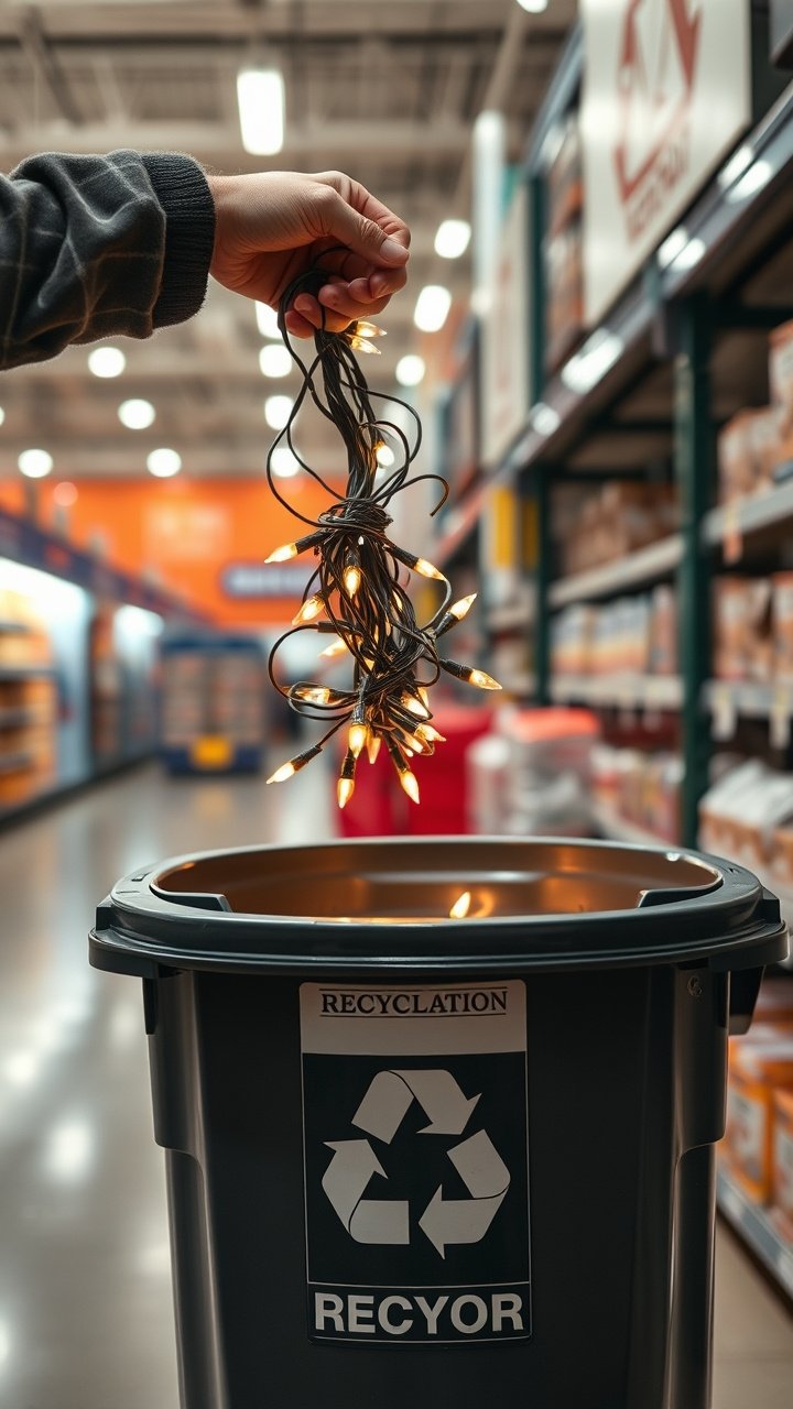 A large glass apothecary jar filled with coiled C9 Christmas lights and shiny ornaments creates an elegant holiday display.