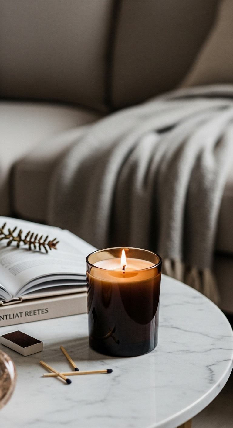 A lit scented candle in a matte black glass vessel glows on a marble coffee table in a cozy, elegant living room setting.