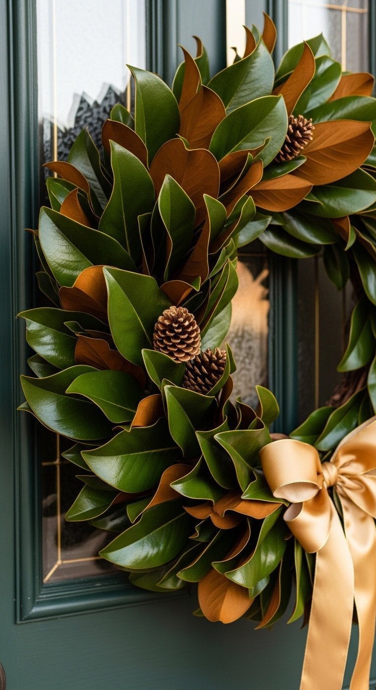 A luxurious Magnolia leaf wreath with a wide gold satin ribbon and gilded pinecones hanging on a dark green front door.