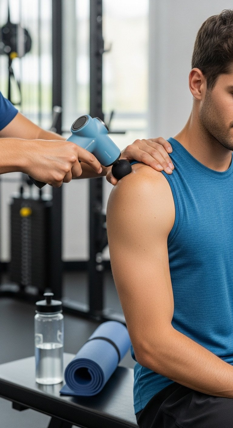 A man using a compact portable massage gun on his shoulder for post-workout muscle recovery in a modern home gym.