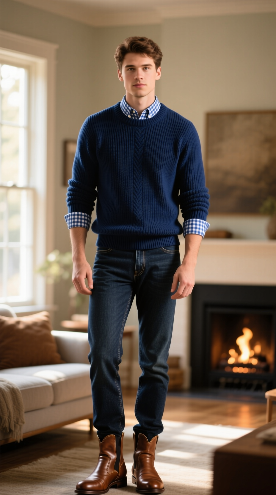 A man's classic layered outfit with a navy cashmere crewneck sweater over a gingham shirt and dark-wash jeans.