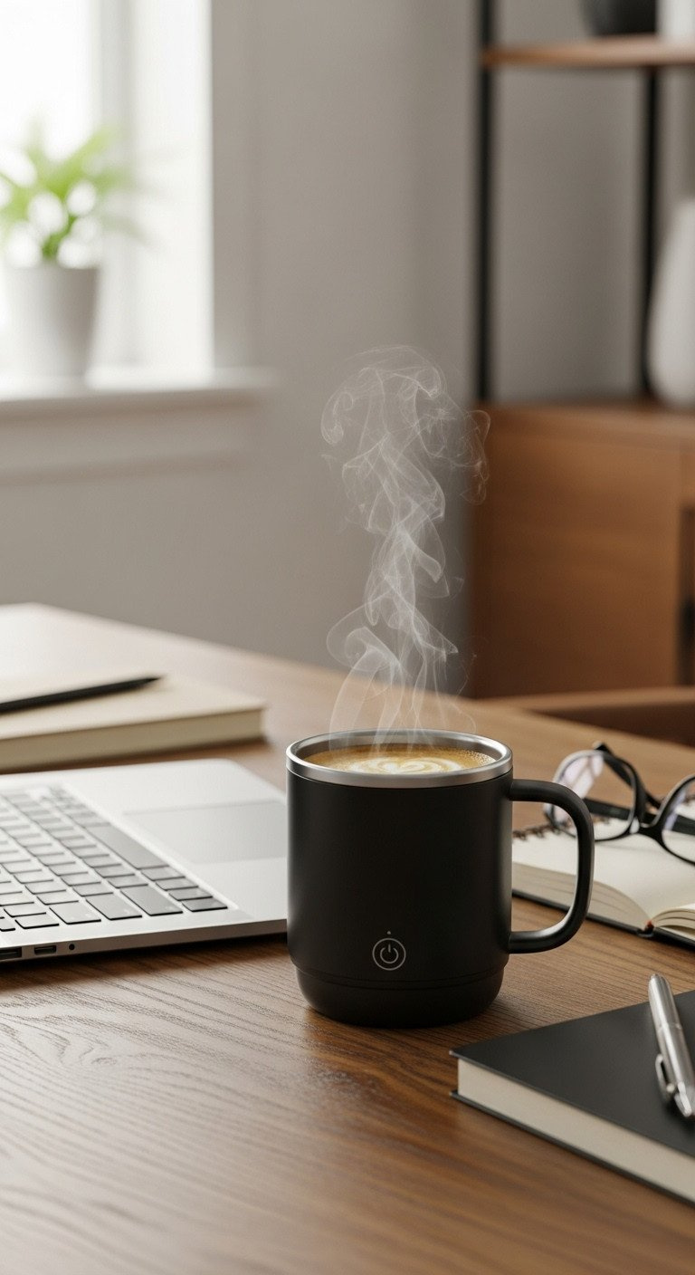 A matte black smart mug with steam rising sits on an oak wood desk, next to a laptop in a modern, sophisticated home office.