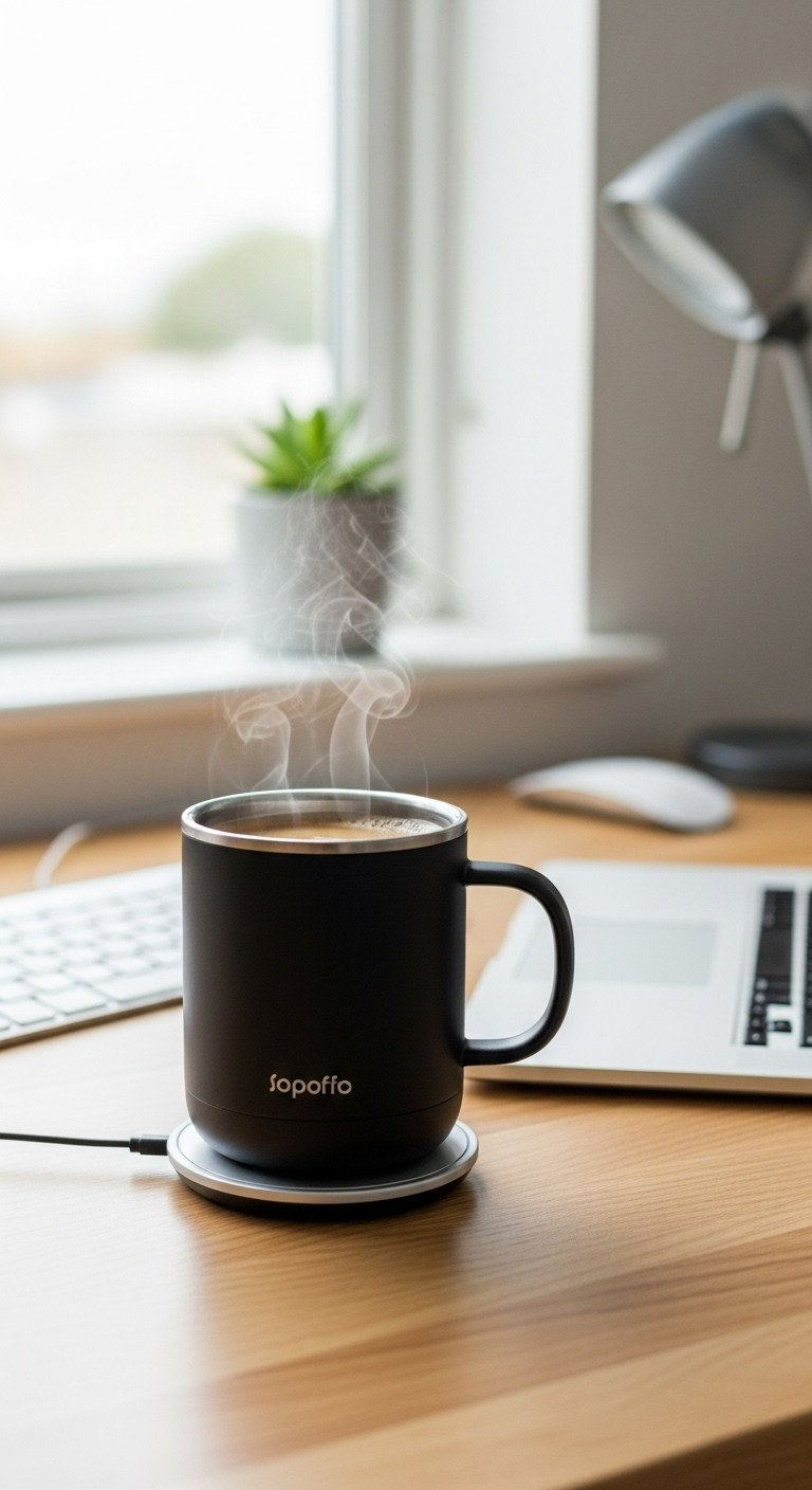 A matte black temperature control smart mug steams on its charging coaster on a modern home office desk next to a laptop.