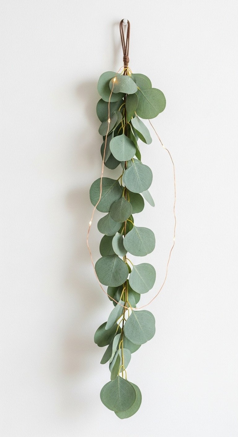 A minimalist Silver Dollar Eucalyptus garland with warm copper fairy lights hanging on a clean, modern white wall.