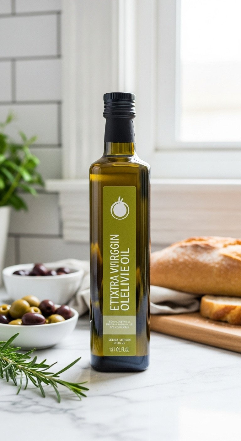 A modern bottle of golden-green olive oil on a marble countertop with rosemary, olives, and bread in a bright kitchen.