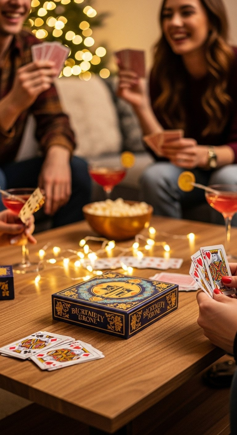 A modern card game box on a coffee table, surrounded by the blurred hands of friends playing during a cozy game night party.