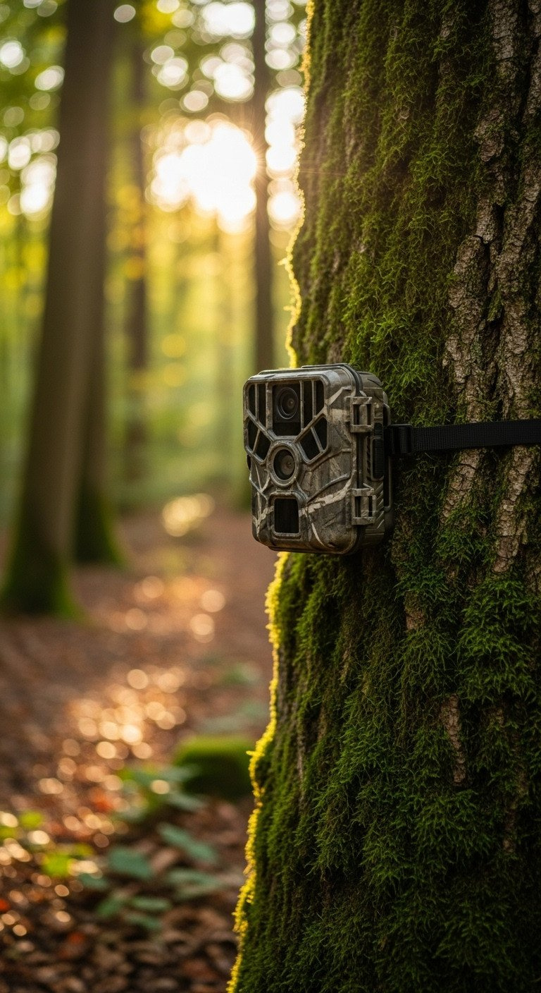 A modern cellular trail camera in a camouflaged casing strapped to a mossy tree trunk in a sun-dappled forest.