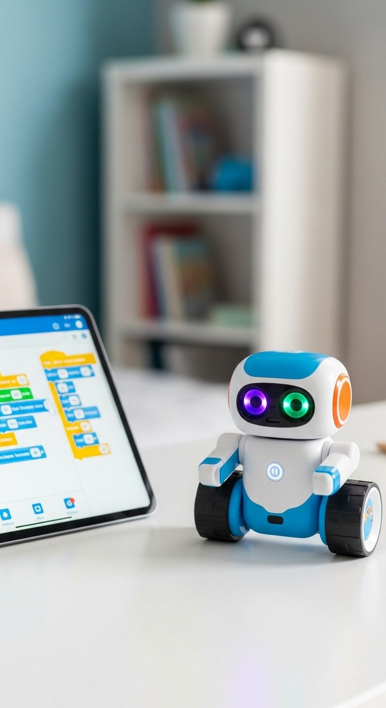 A modern coding robot for kids with lit-up LED eyes on a white desk next to a tablet with a coding app interface.