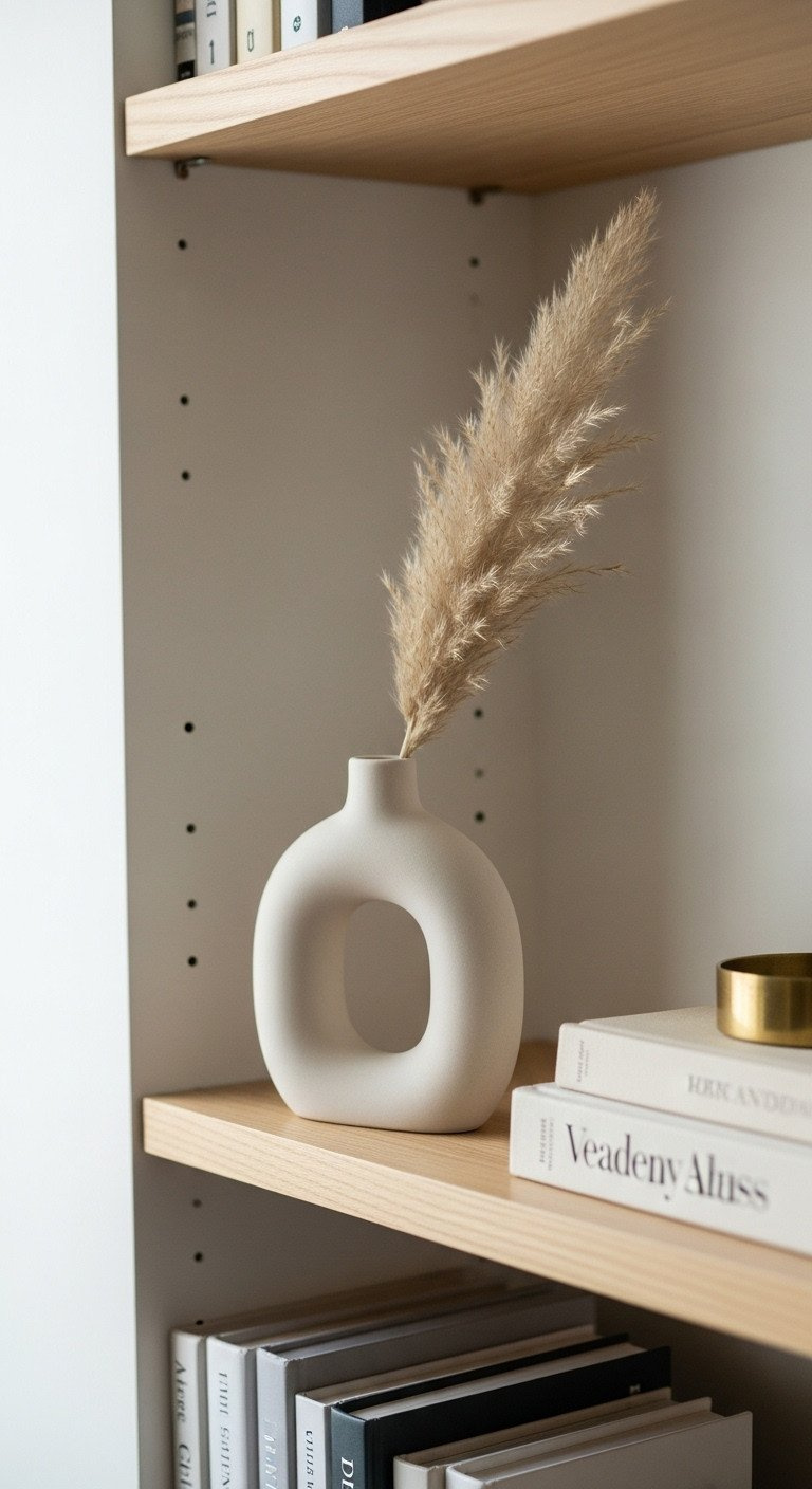 A modern matte ceramic bud vase with a single stem of dried pampas grass on a light wood shelf with blurred books behind.
