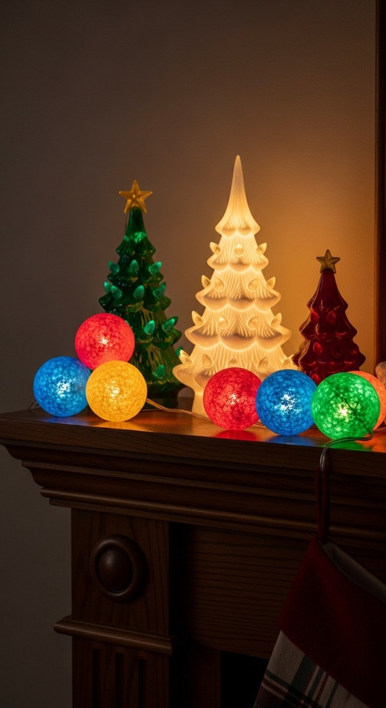 A nostalgic 90s Christmas mantel with a ceramic light-up tree and colorful bubble lights creating a warm, retro holiday glow.