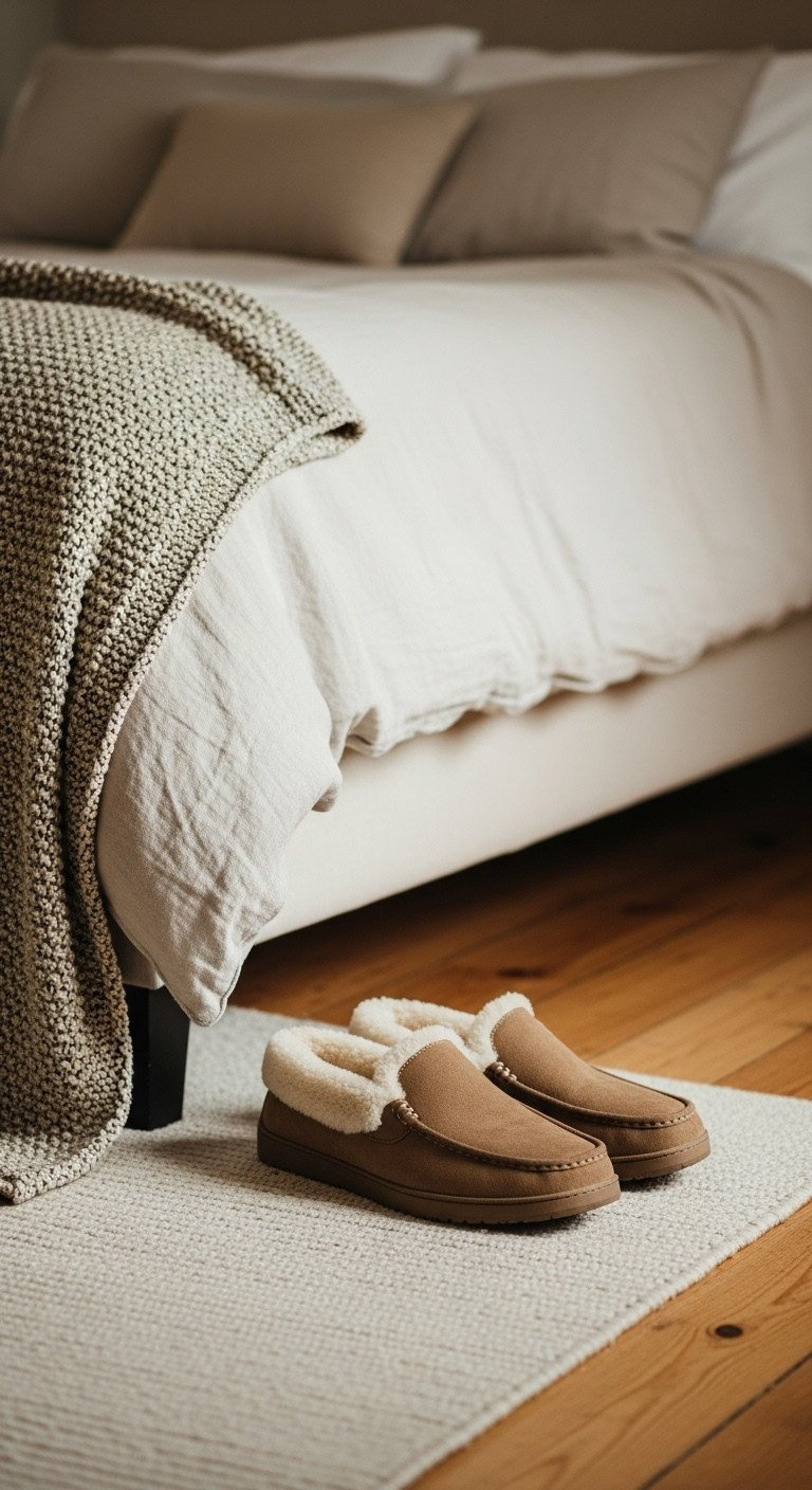 A pair of men's charcoal gray fleece-lined suede slippers sitting on a plush cream wool rug in a cozy, minimalist bedroom.