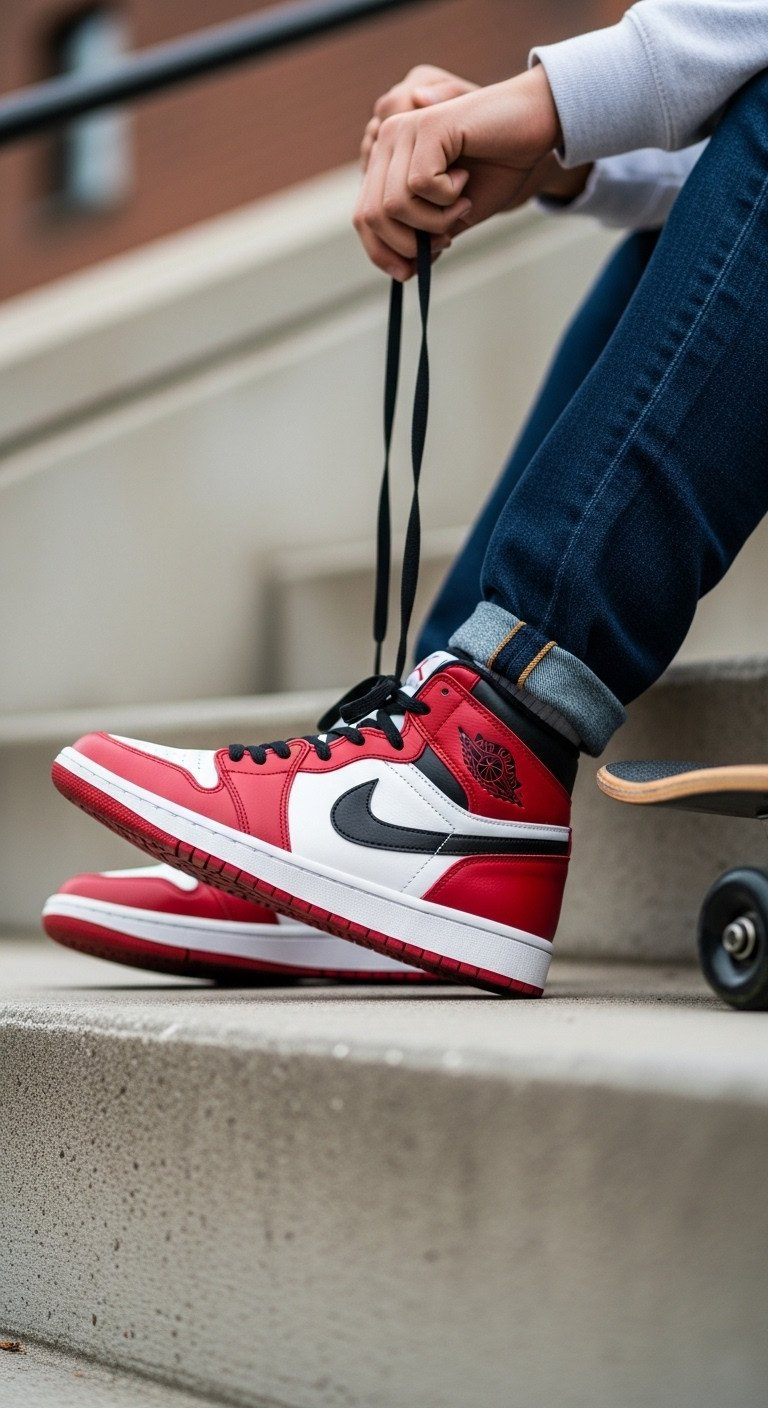 A pair of stylish red, white, and black basketball sneakers resting on urban concrete steps with a brick wall behind.