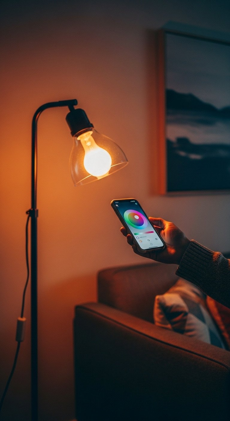 A person's hand uses a smartphone to change a smart light bulb's color in a modern, cozy living room setting.