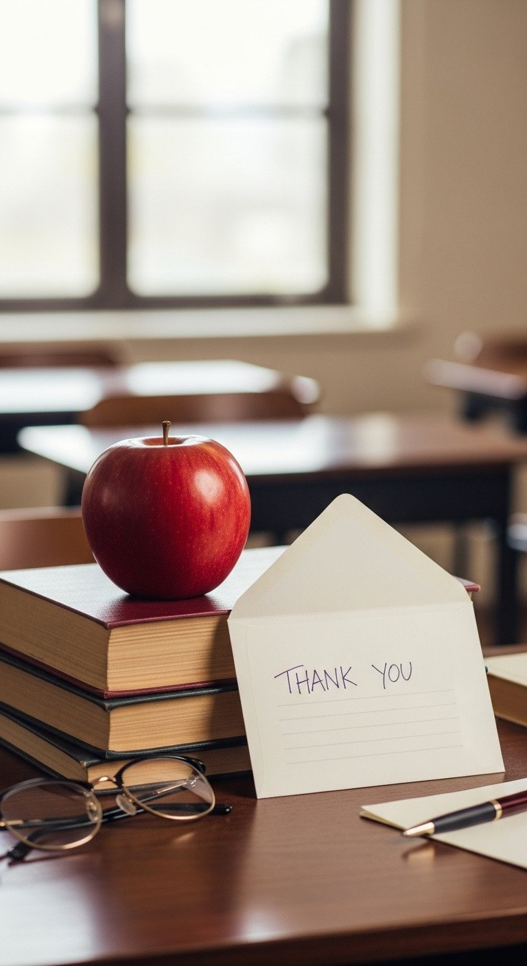 A red apple and a thank-you card sit on a stack of vintage books on a dark wood desk as a gift of appreciation.