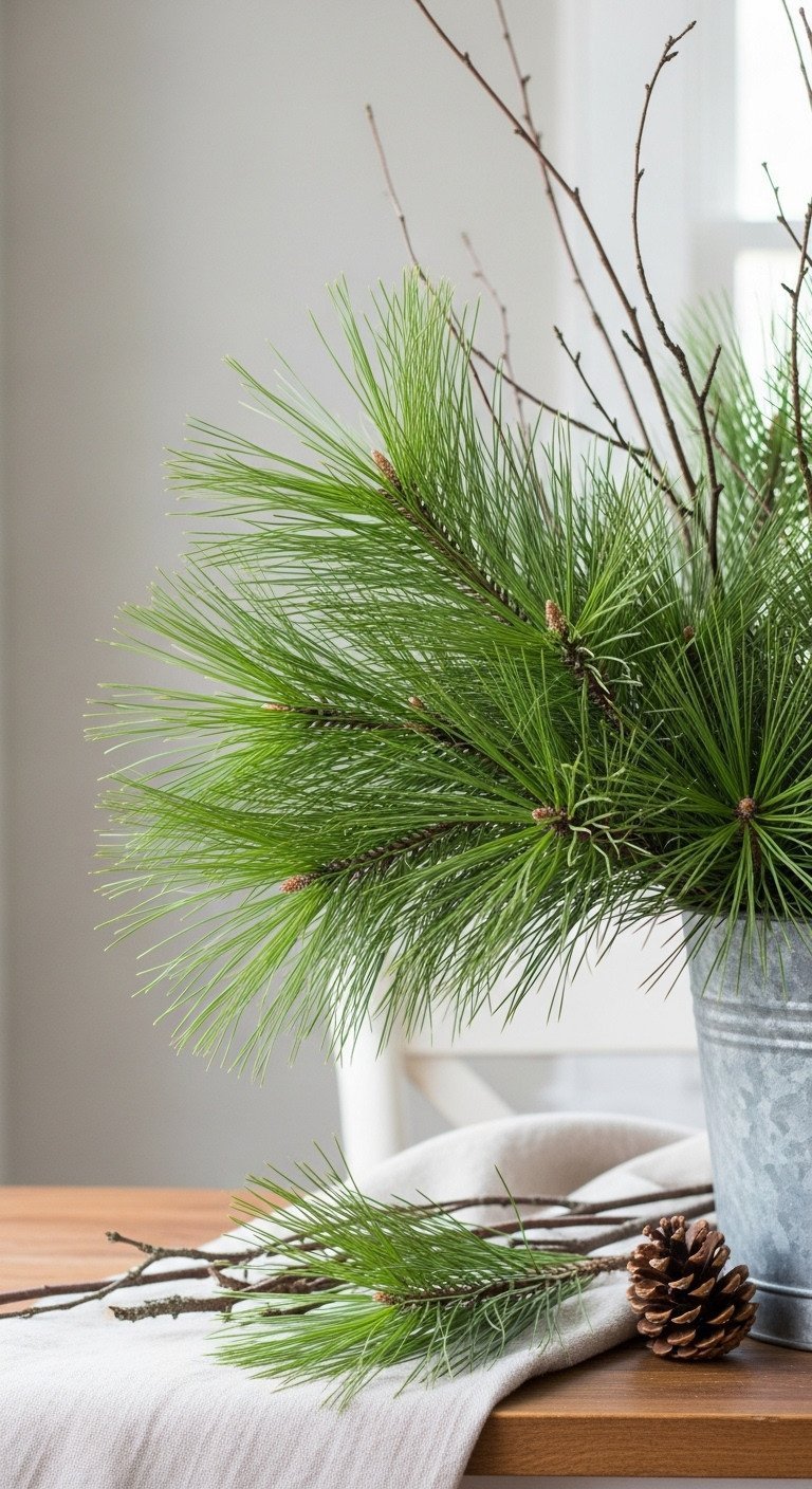 A rustic Christmas centerpiece of White Pine branches, pinecones, and birch in a vintage galvanized bucket on a wooden table.