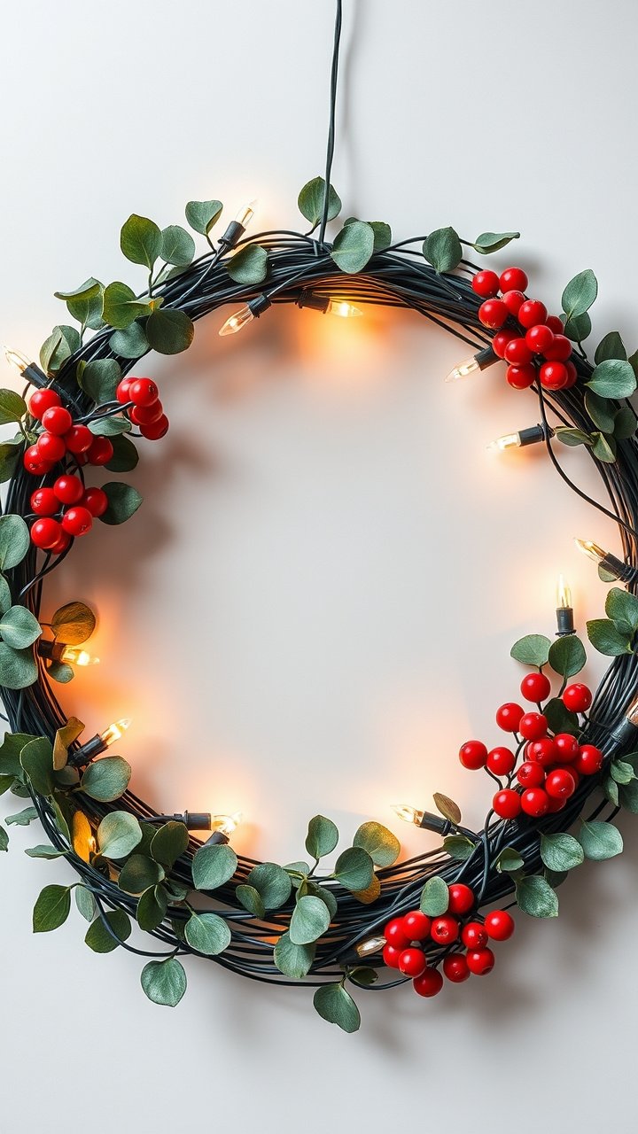 A rustic DIY garland, made from Christmas lights wrapped in jute twine with pinecones, drapes on a white fireplace mantel.