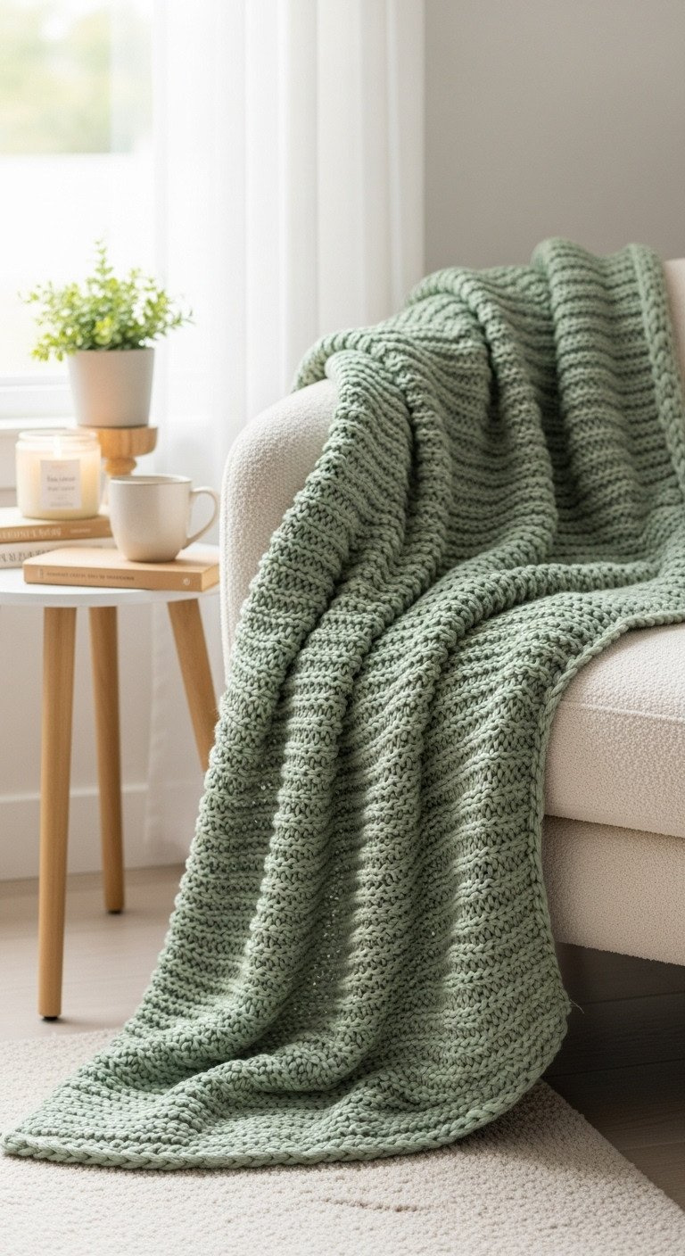 A sage green chunky-knit weighted blanket is artfully draped over a cream bouclé armchair in a cozy, serene living room.