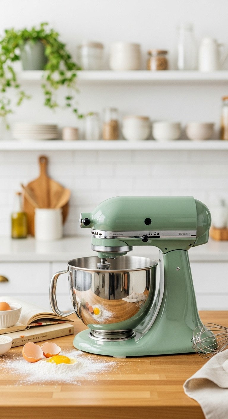 A sage green stand mixer on a butcher block countertop in a modern kitchen, ready for baking with eggs and flour nearby.
