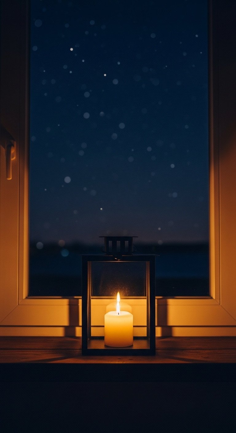A single candle flickers warmly inside a minimalist lantern on a wooden windowsill against a peaceful, starry night sky.