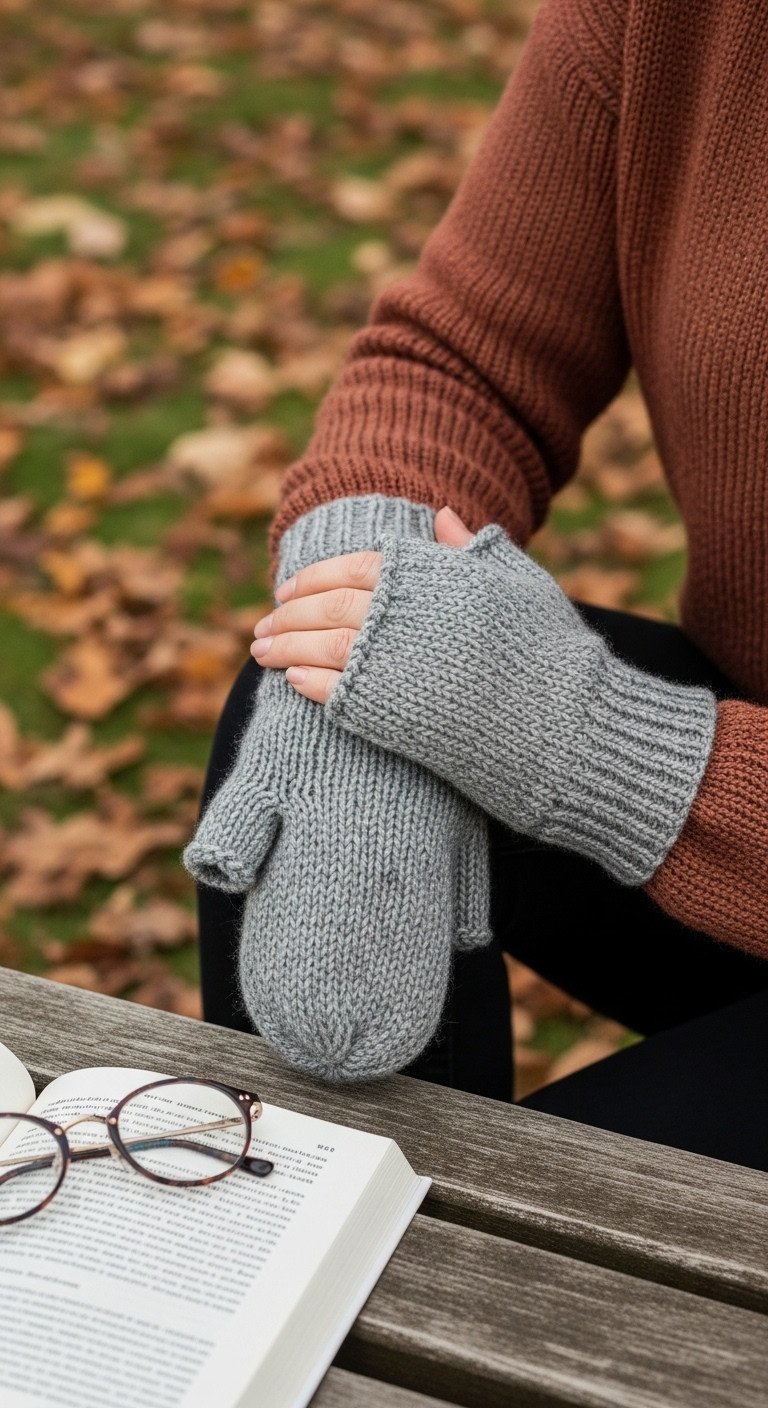 A single hand-knit fingerless mitt in gray tweed yarn with a ribbed pattern, resting on a park bench with a book.