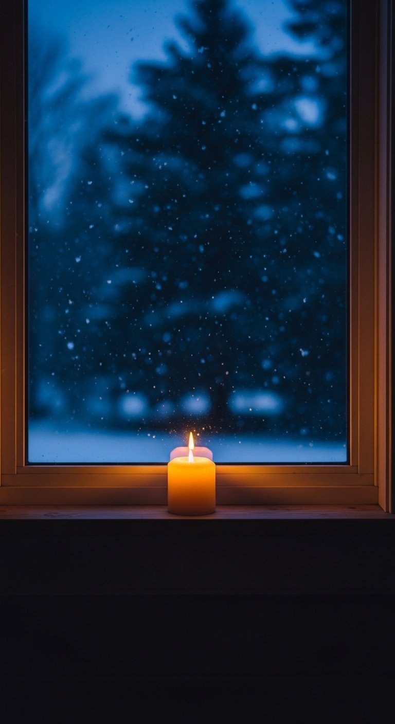 A single lit candle glows warmly on a wooden windowsill as soft snow falls outside during a peaceful twilight.