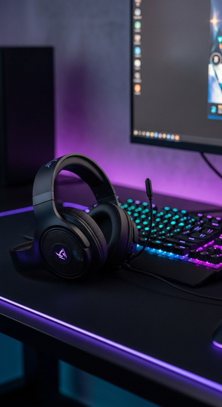 A sleek black gaming headset rests on a desk, illuminated by the purple and blue RGB glow of a gaming keyboard.