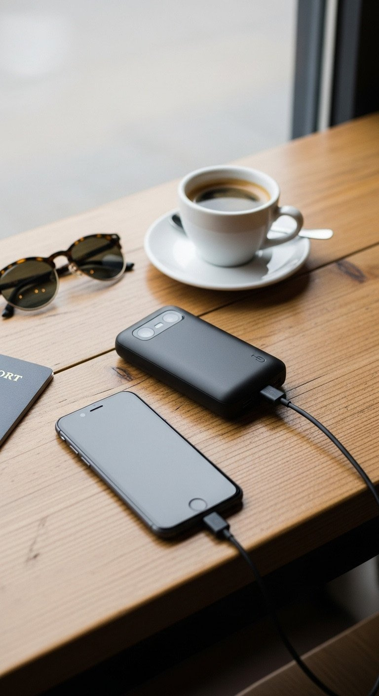 A sleek black high-capacity portable power bank charges a smartphone on a cafe table, surrounded by travel essentials.