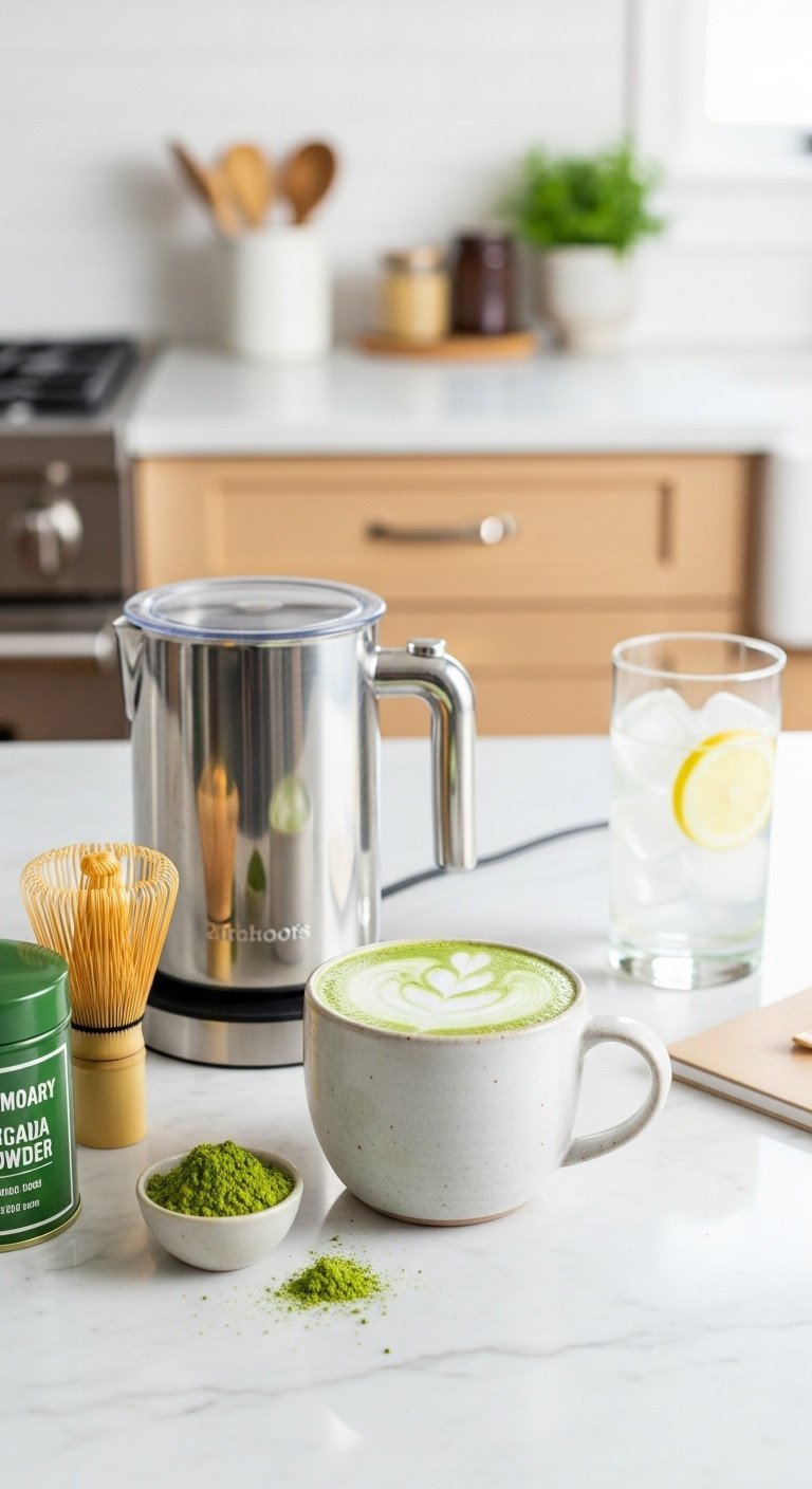 A sleek electric milk frother next to a freshly made matcha latte in a ceramic mug on a bright marble countertop.