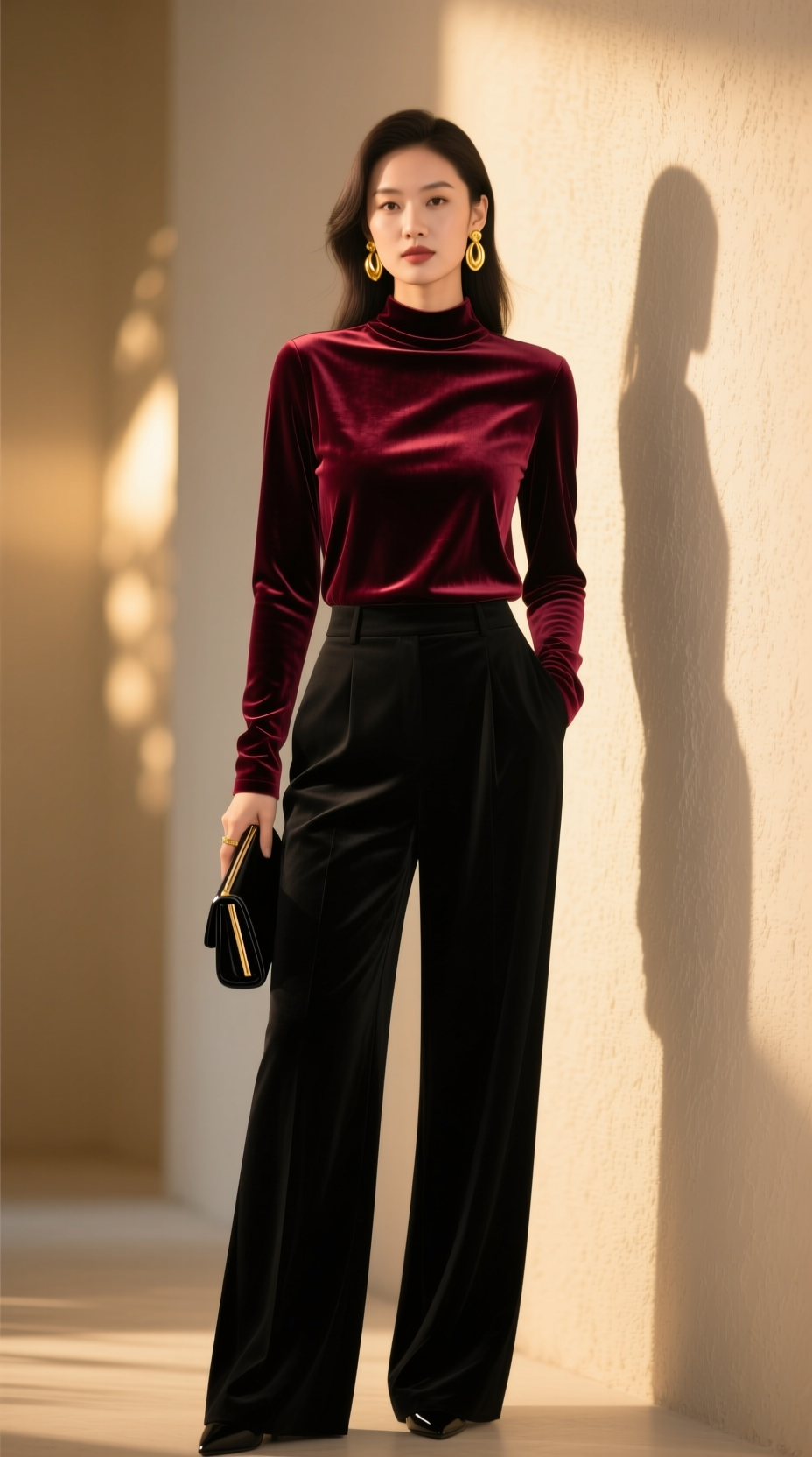 A smart holiday outfit featuring a tailored plaid blazer layered over a black turtleneck and slim black trousers.