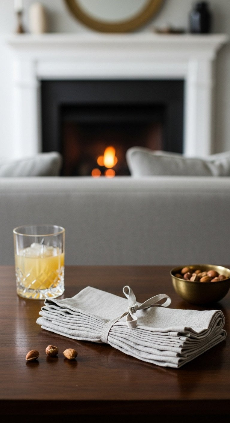 A stack of four neutral linen cocktail napkins on a dark wood table with a cocktail glass and bowl of nuts in a cozy room.